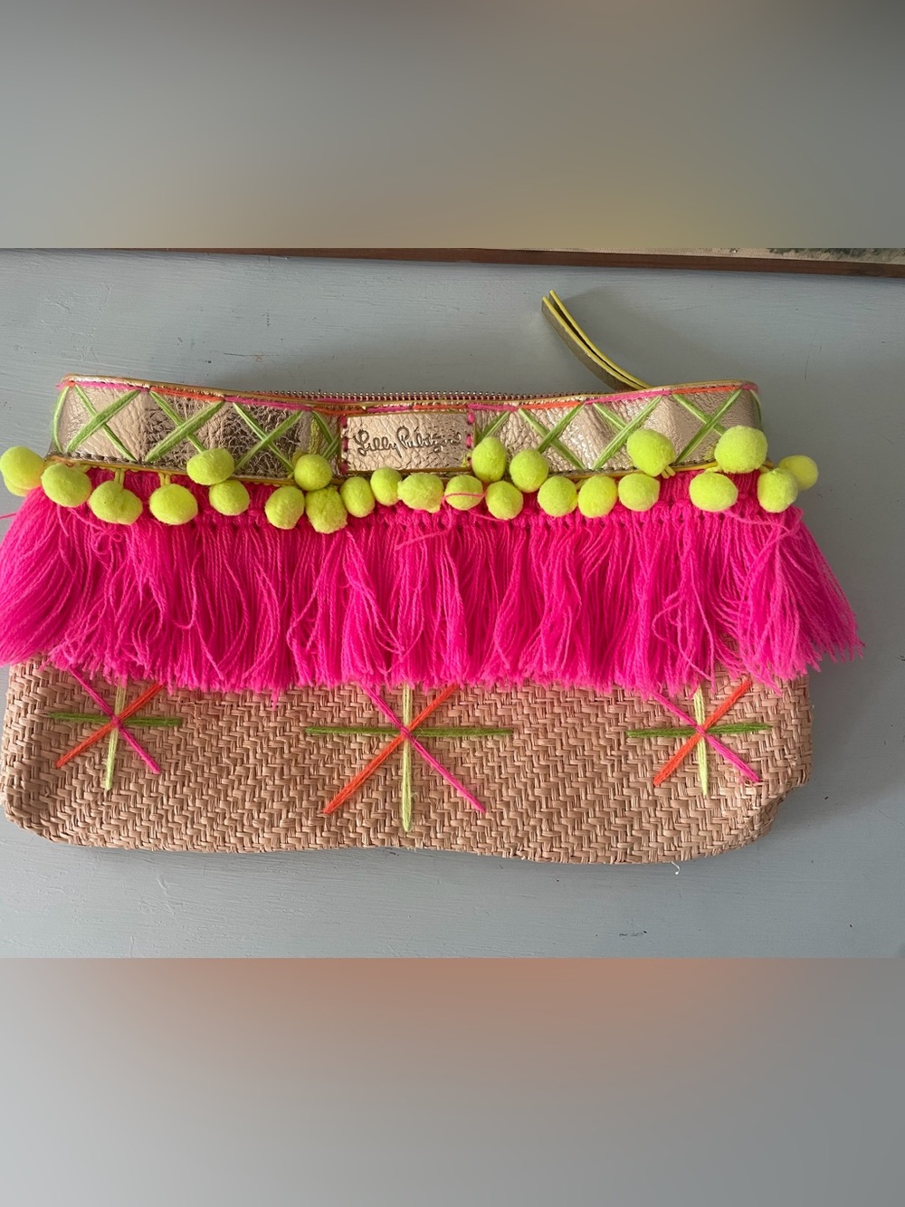 Lilly Pulitzer Baja Straw Clutch Colorful Tassels